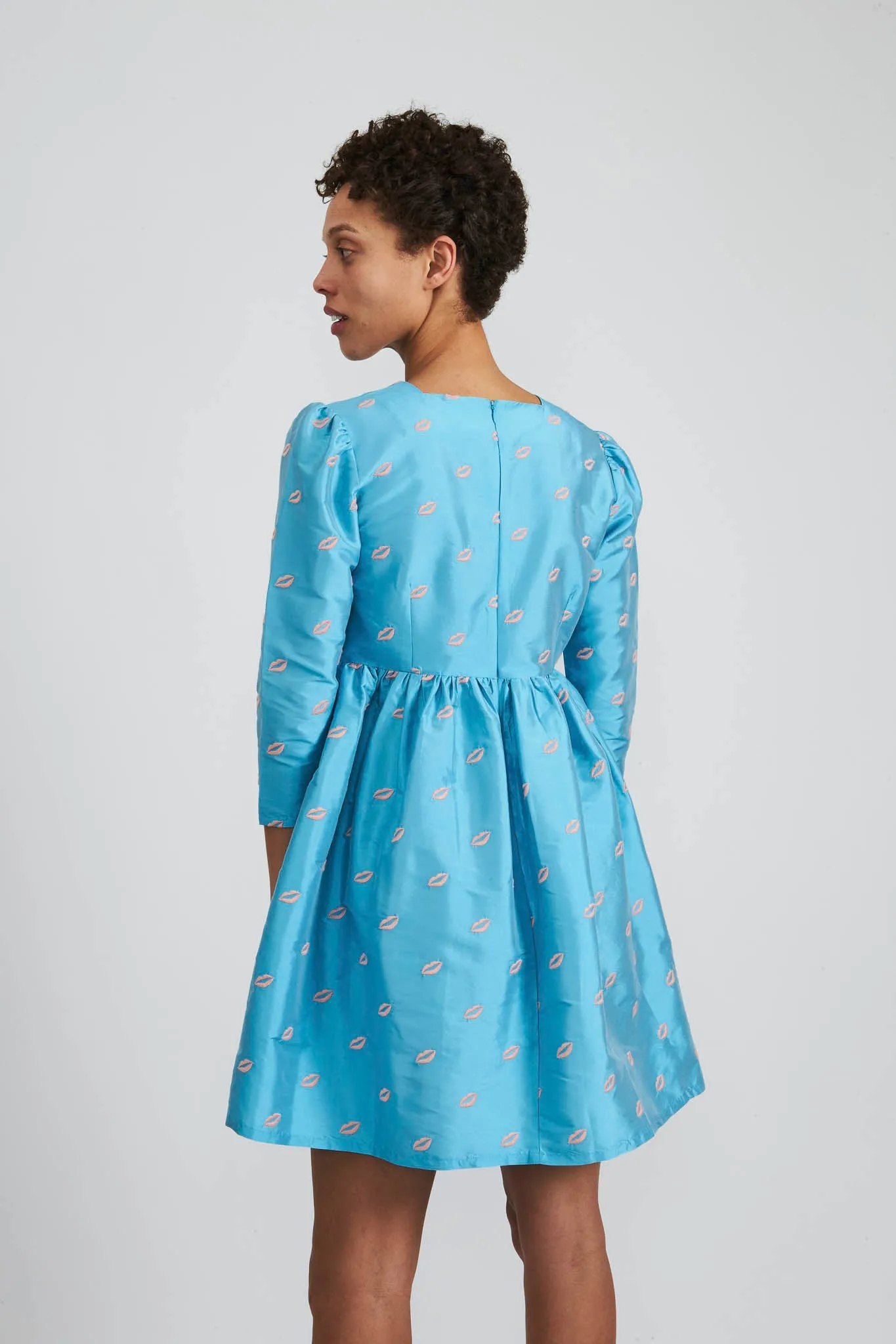 Square Neck Mini Prairie Dress in Turquoise Taffeta with Embroidered Lips