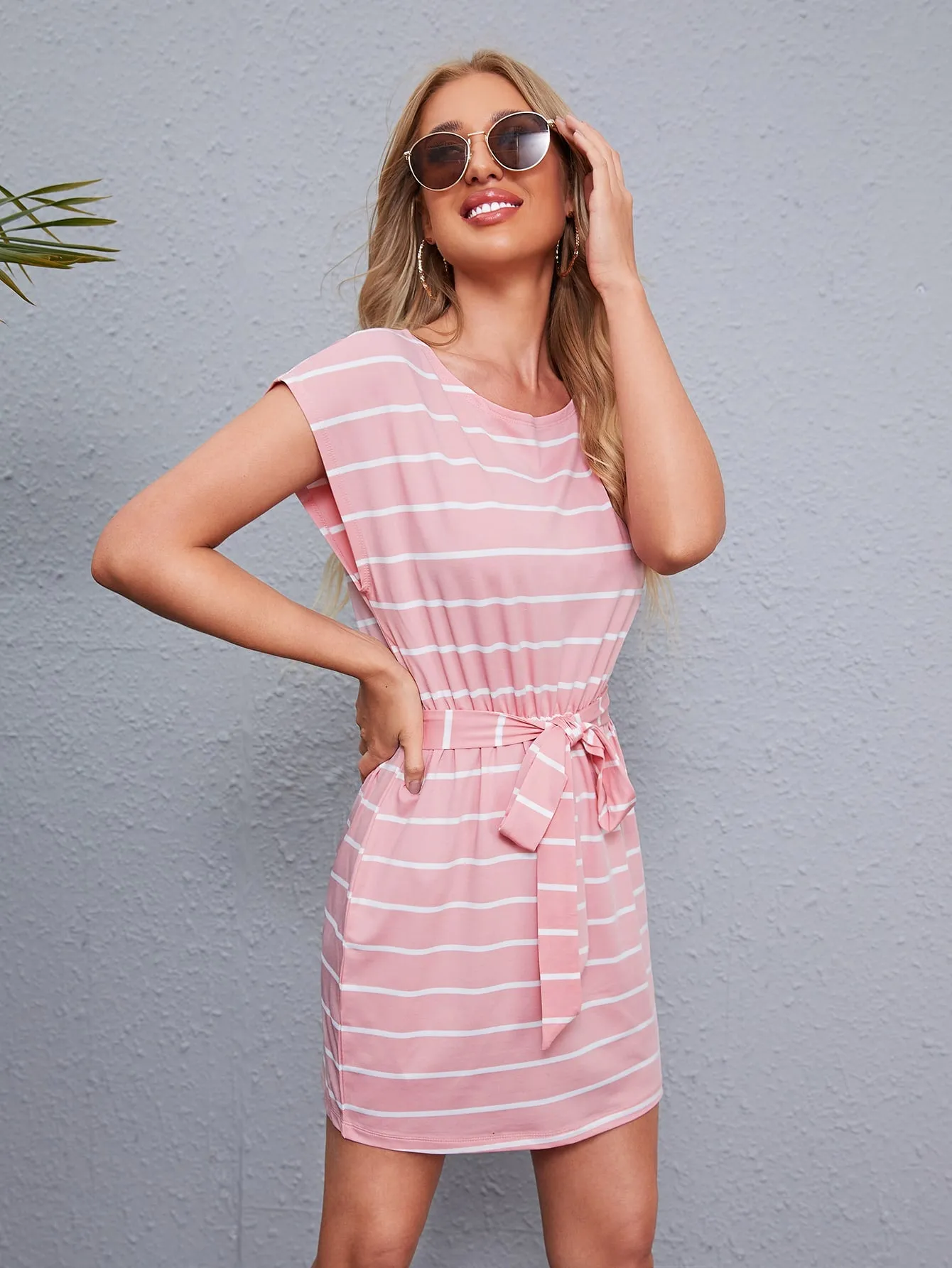 Striped Belted Cap Sleeve Scoop Neck Straight High Waist Short Dress