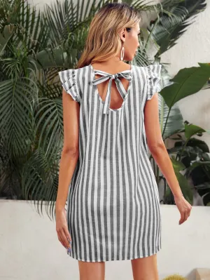 Striped Tie Back Cap Sleeve Round Neck Straight Natural Short Dress