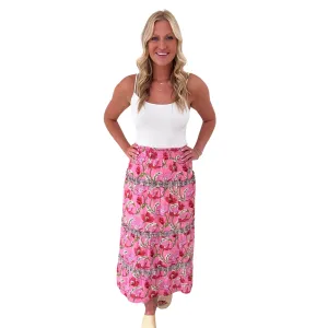 The Kara Block Print Long Length Skirt in Pink Floral