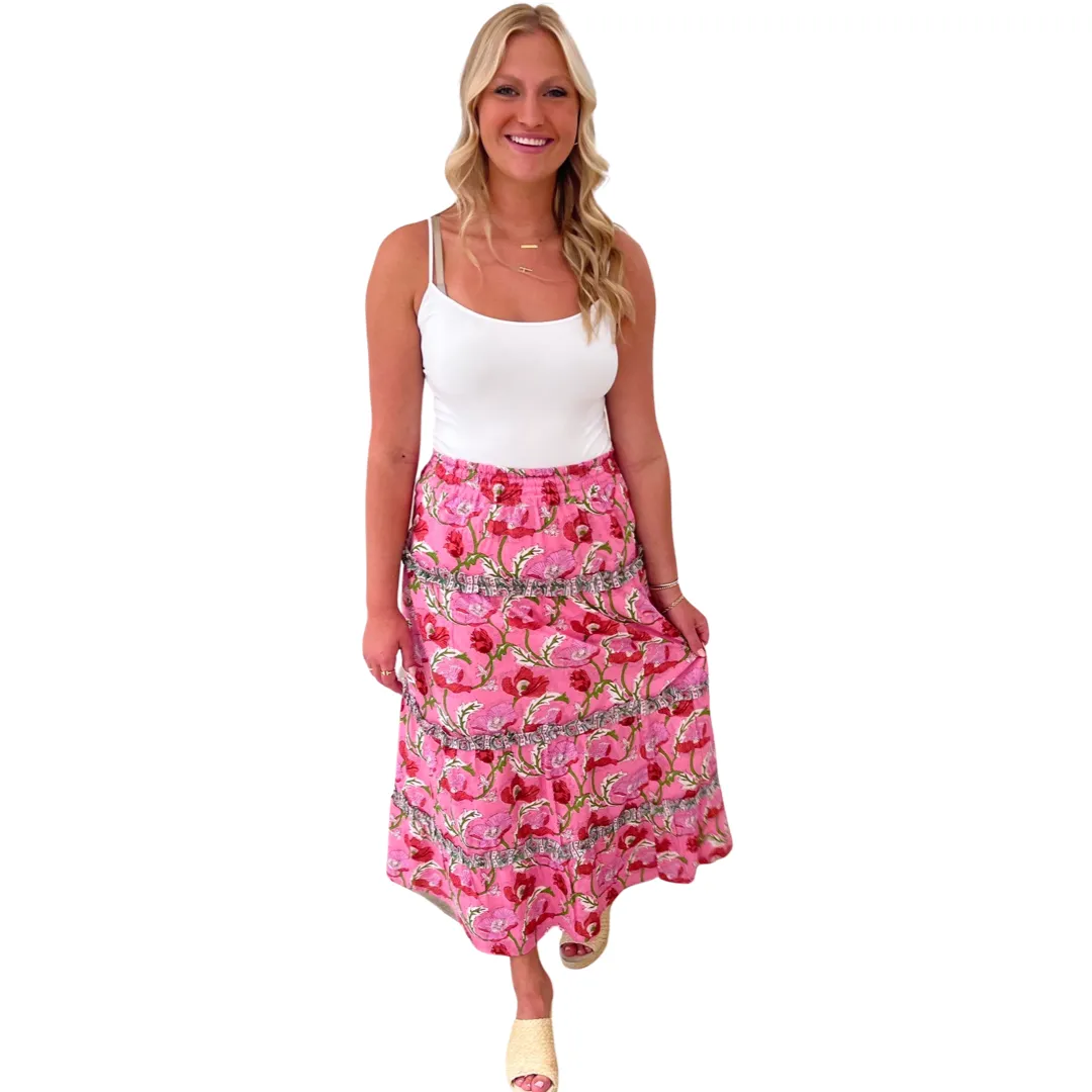 The Kara Block Print Long Length Skirt in Pink Floral