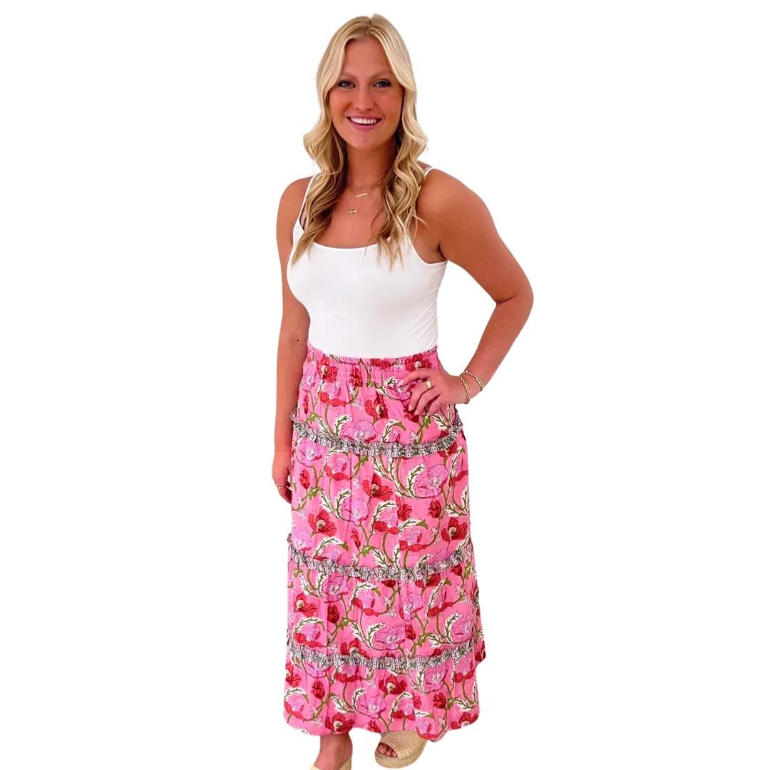 The Kara Block Print Long Length Skirt in Pink Floral