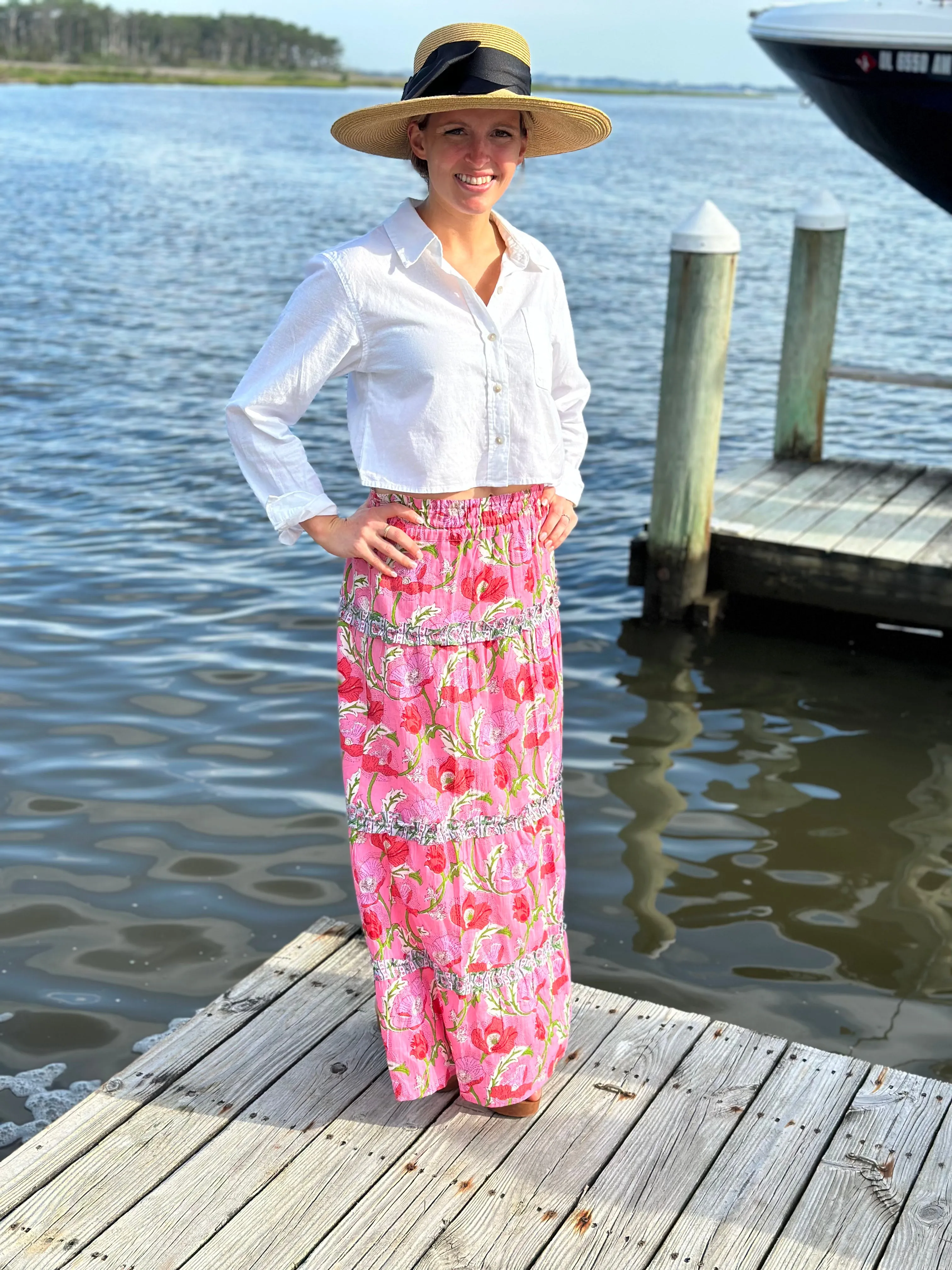 The Kara Block Print Long Length Skirt in Pink Floral
