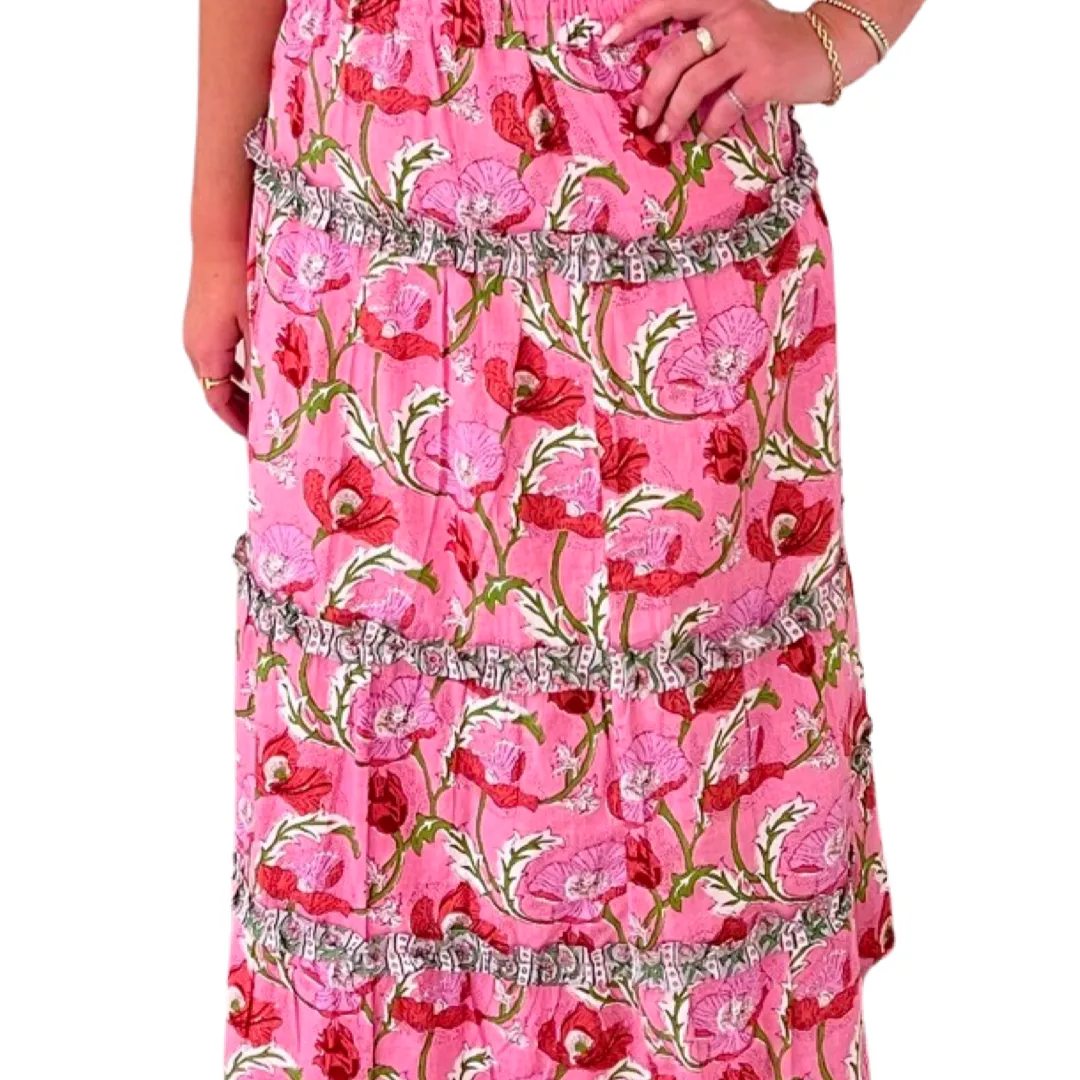 The Kara Block Print Long Length Skirt in Pink Floral