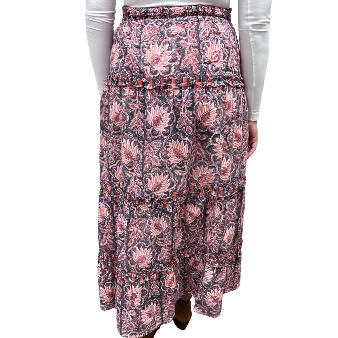 The Kara Skirt in Hand Blocked Cotton Orange and Green Print