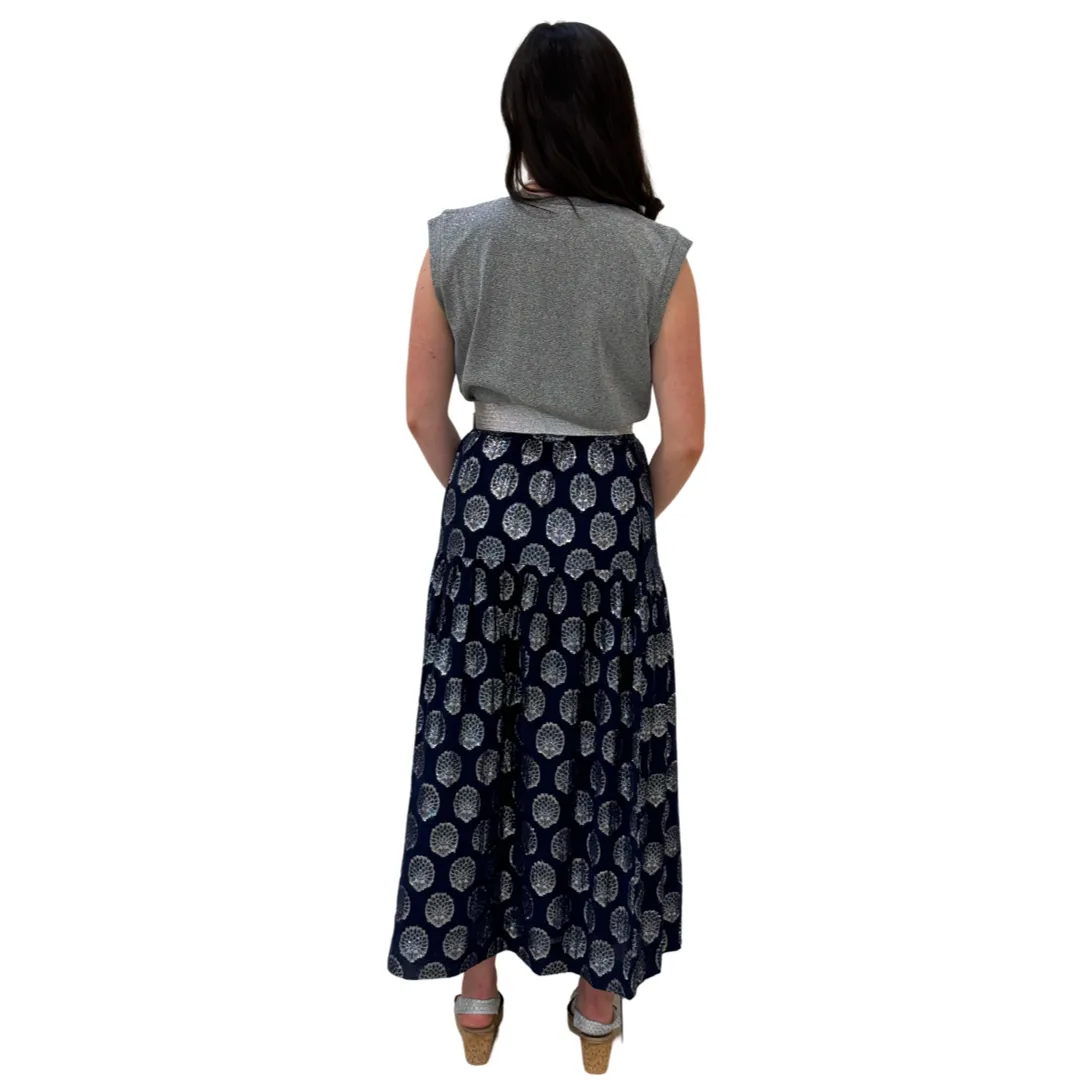 The Lila Elastic Waist Skirt in Navy and Silver