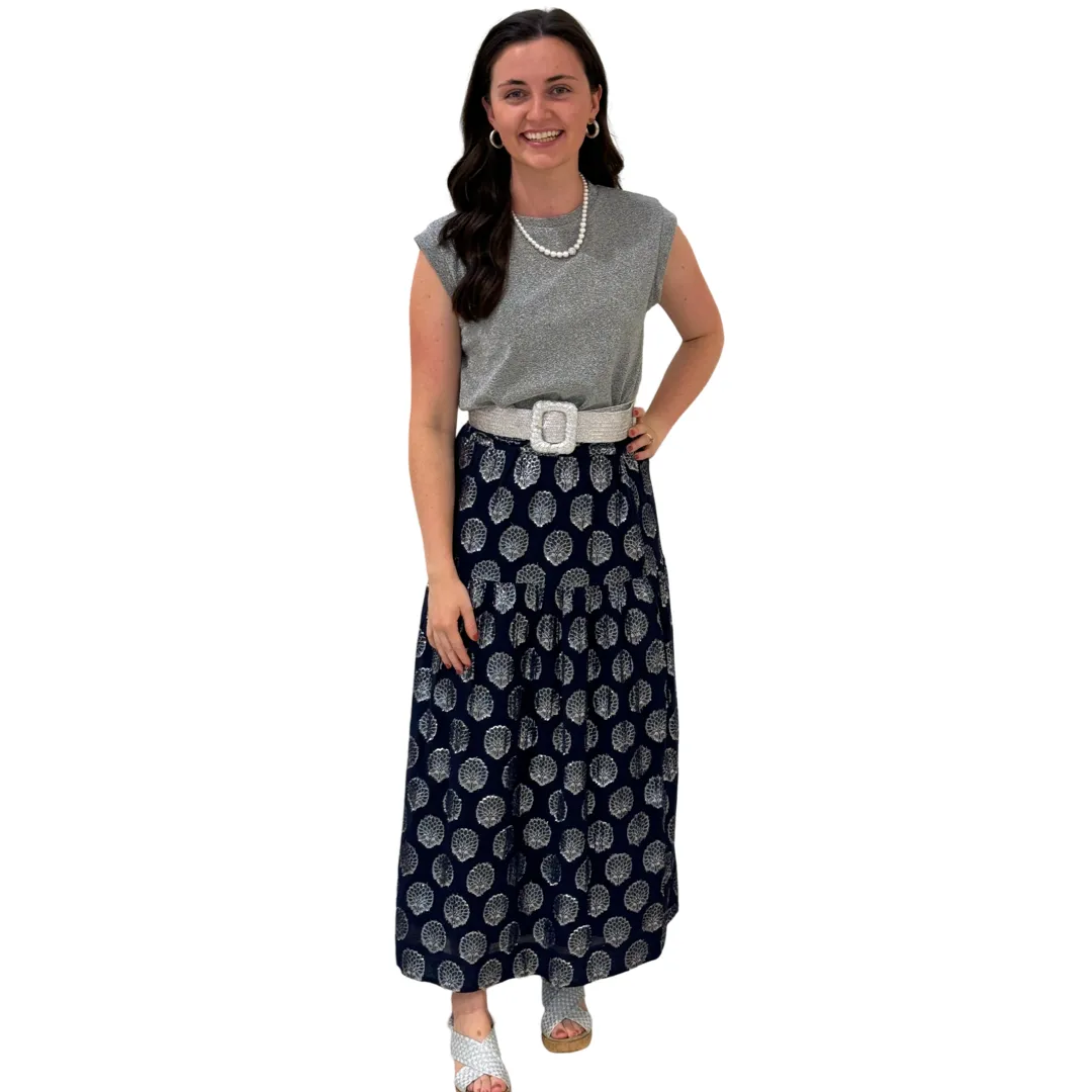 The Lila Elastic Waist Skirt in Navy and Silver