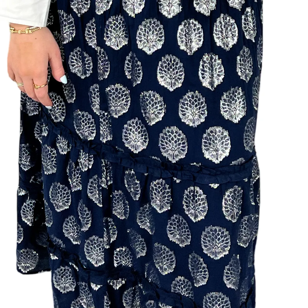 The Lila Elastic Waist Skirt in Navy and Silver
