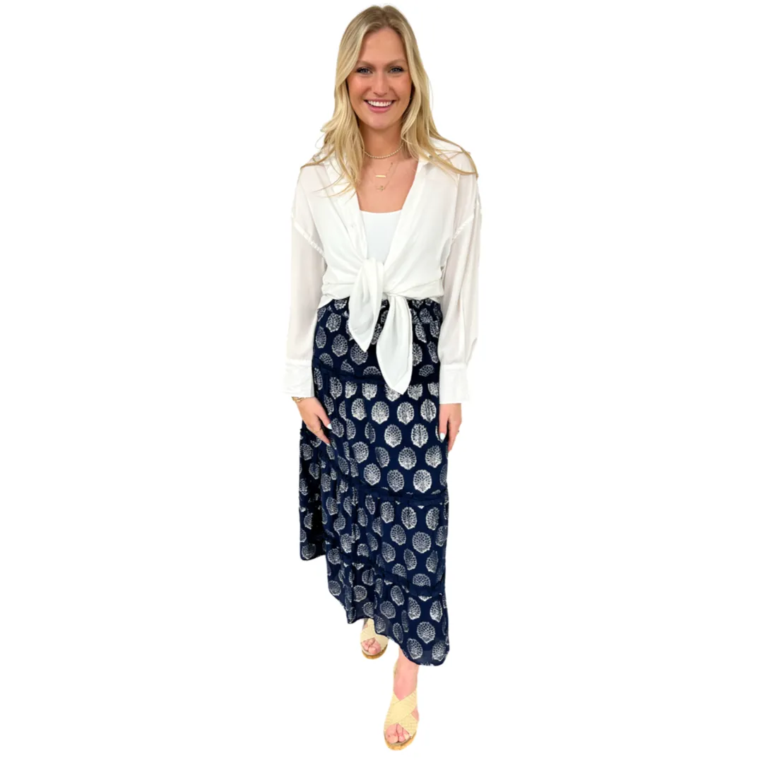 The Lila Elastic Waist Skirt in Navy and Silver