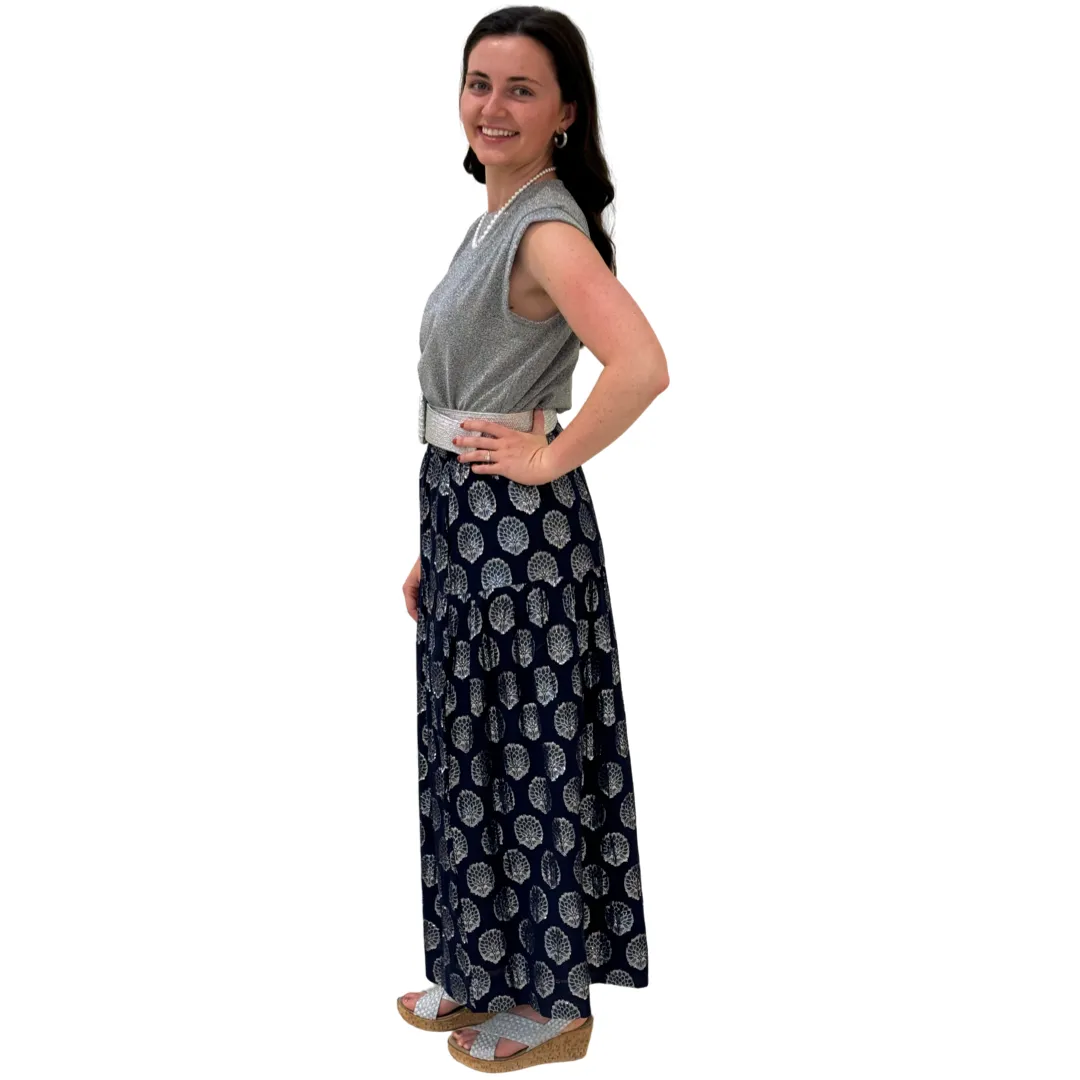 The Lila Elastic Waist Skirt in Navy and Silver