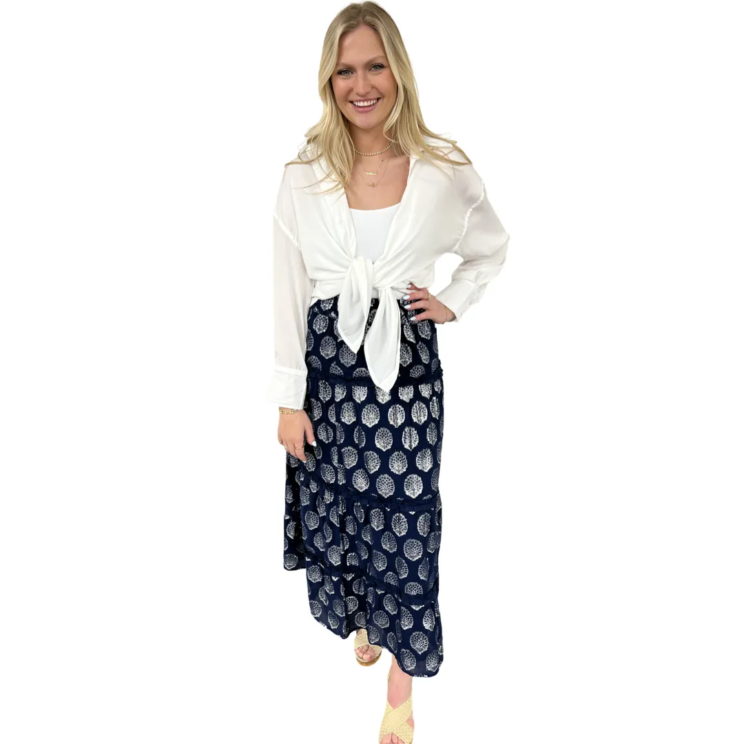 The Lila Elastic Waist Skirt in Navy and Silver