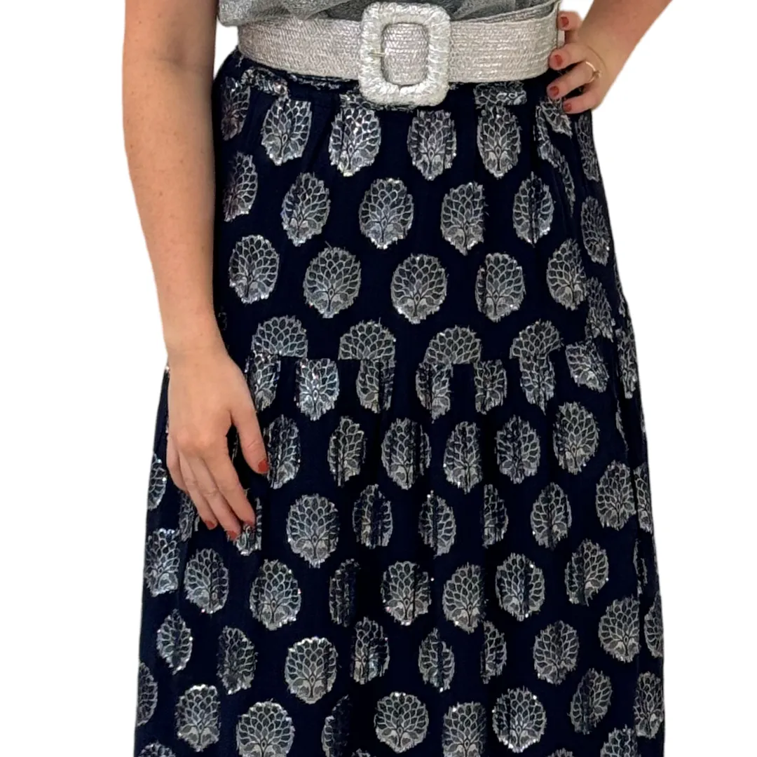 The Lila Elastic Waist Skirt in Navy and Silver