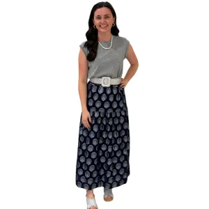 The Lila Elastic Waist Skirt in Navy and Silver