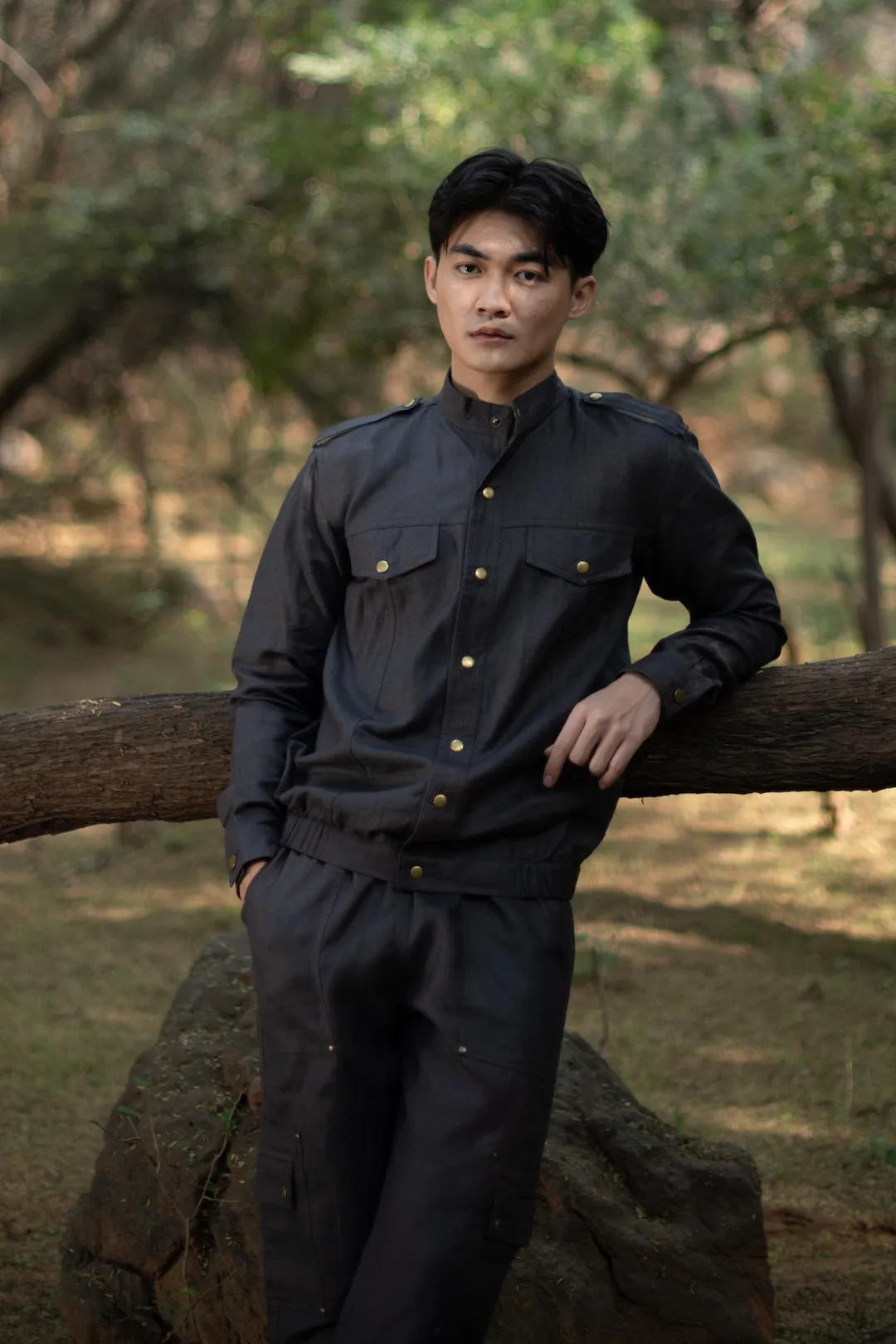 The Terra Tribe Charcoal Linen Twill Country Oversized Jacket for Men