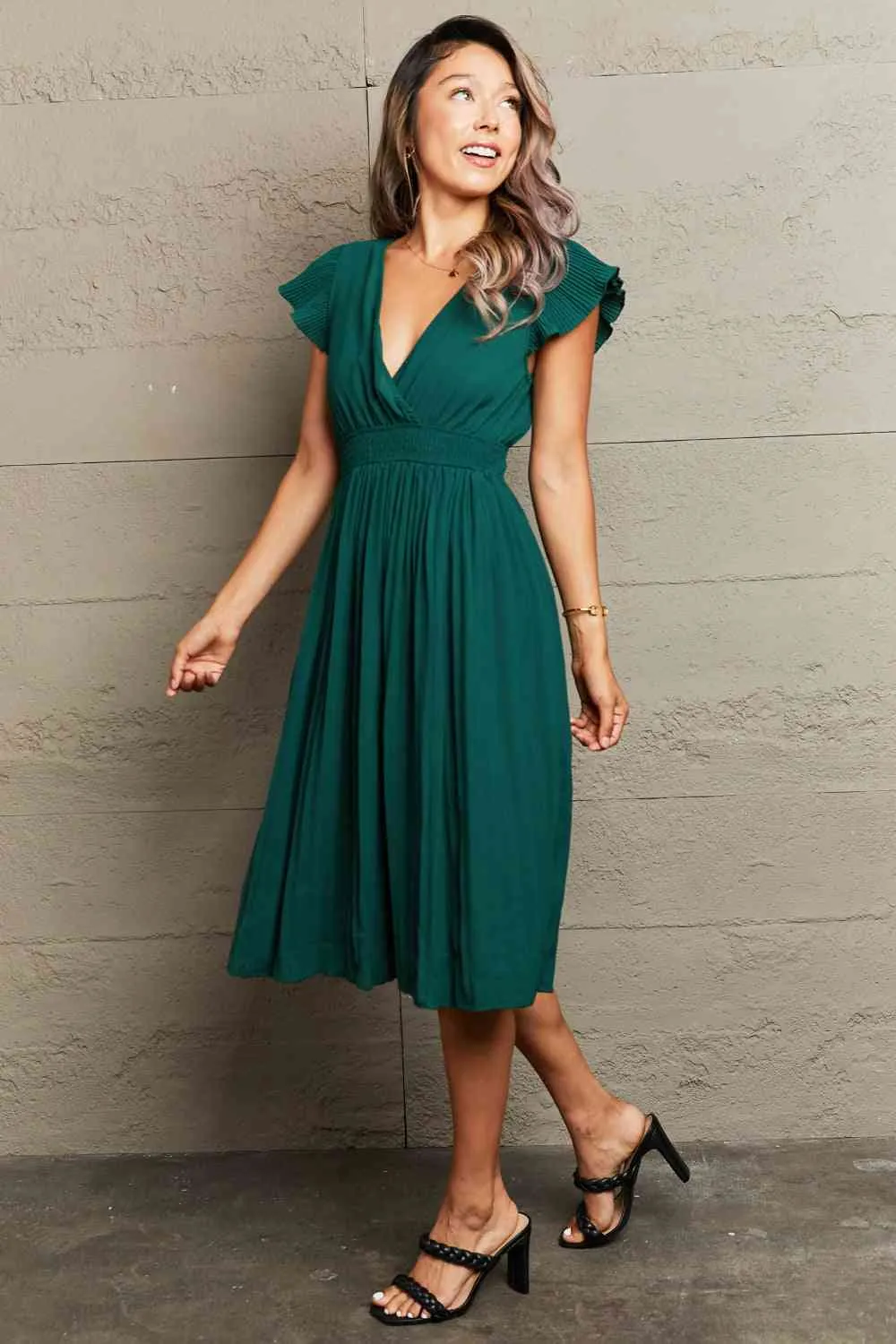 Tied Smocked Waist Flutter Sleeve Dress