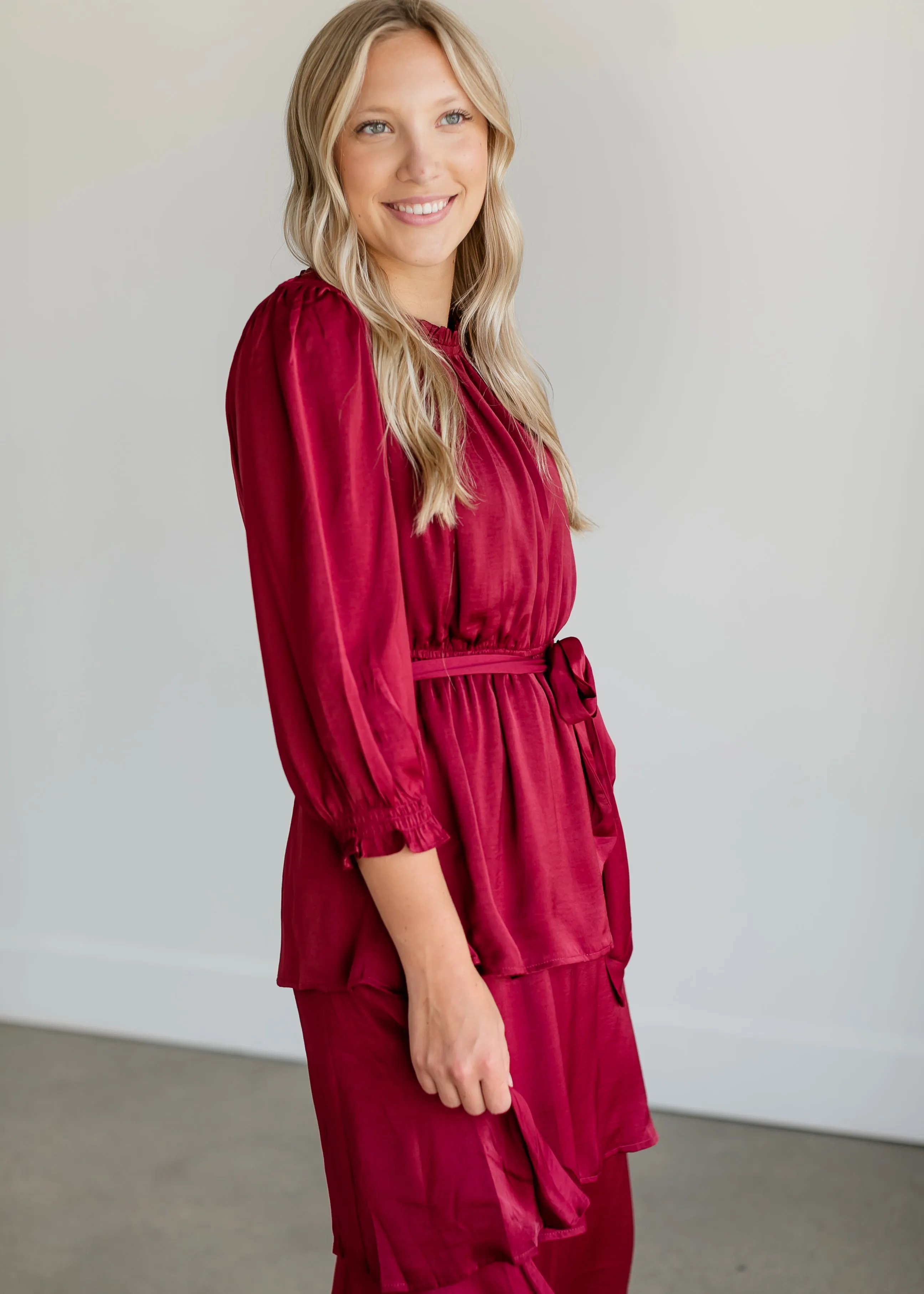 Tiered 3/4 Sleeve Satin Midi Dress - FINAL SALE