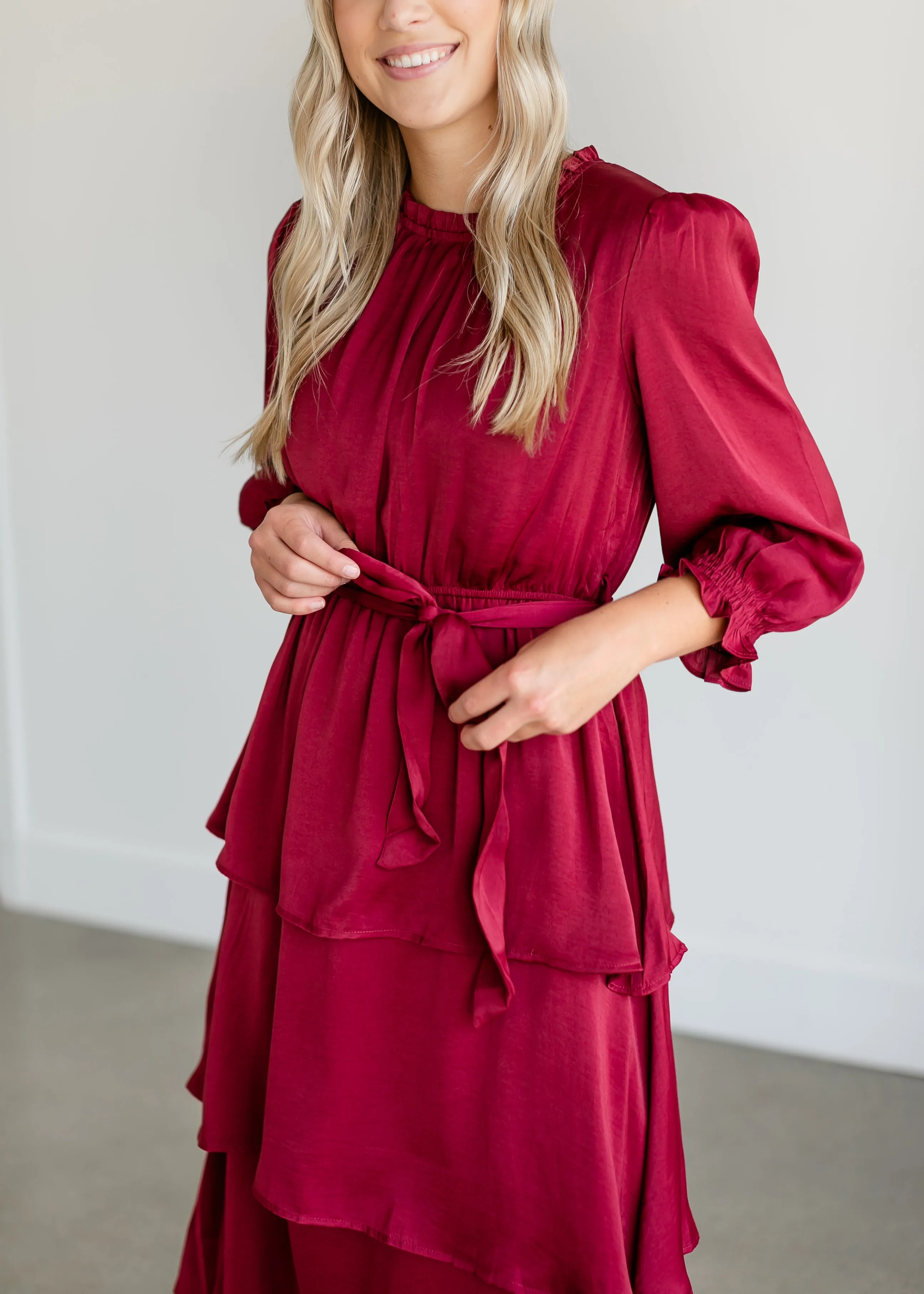 Tiered 3/4 Sleeve Satin Midi Dress - FINAL SALE