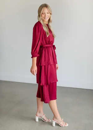 Tiered 3/4 Sleeve Satin Midi Dress - FINAL SALE