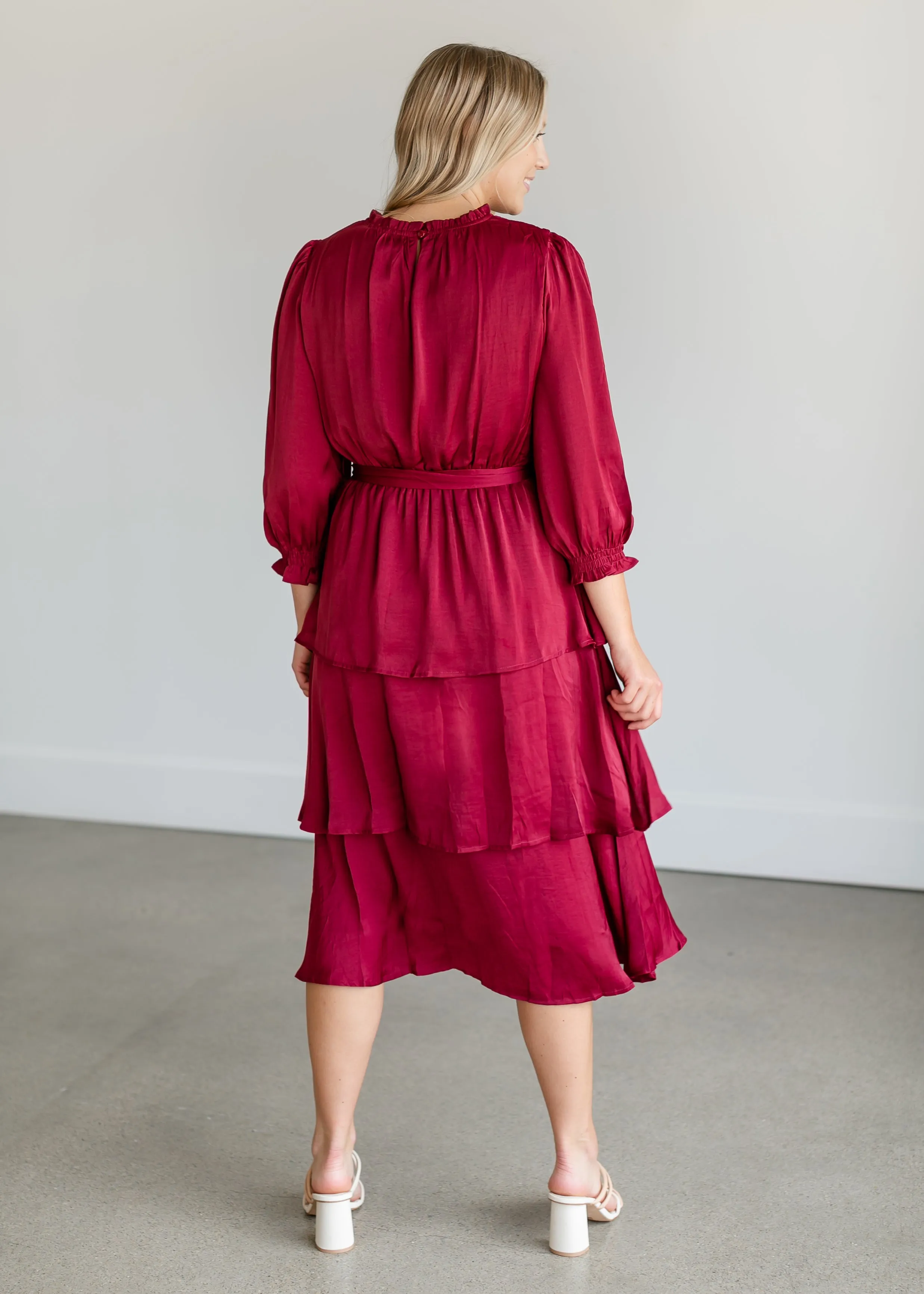 Tiered 3/4 Sleeve Satin Midi Dress - FINAL SALE