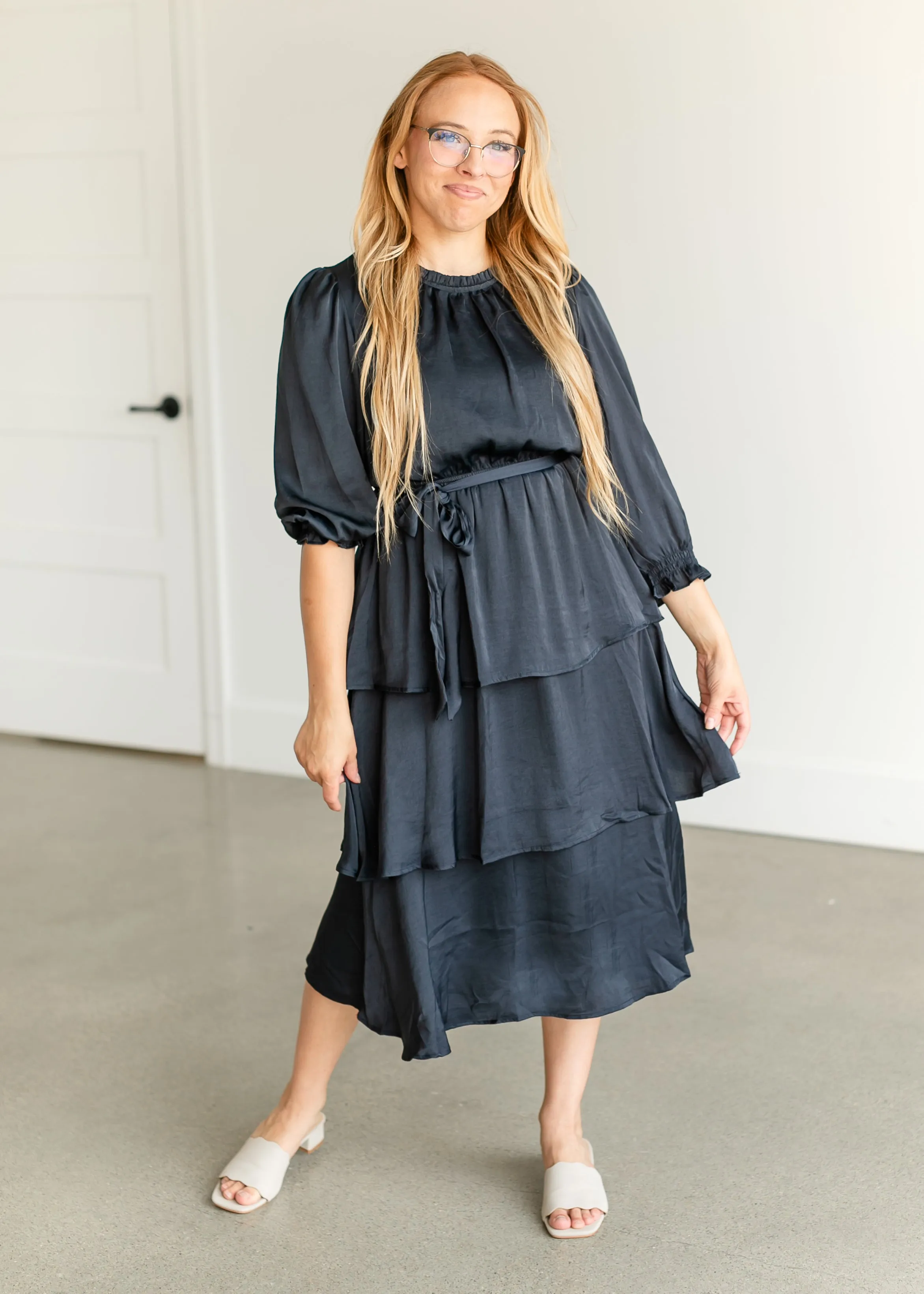 Tiered 3/4 Sleeve Satin Midi Dress - FINAL SALE