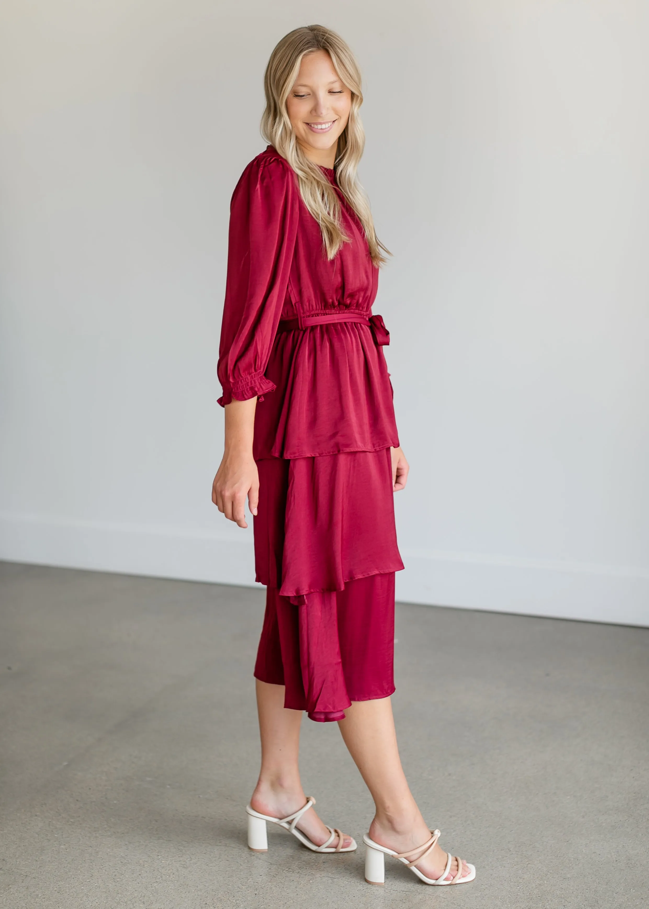 Tiered 3/4 Sleeve Satin Midi Dress - FINAL SALE