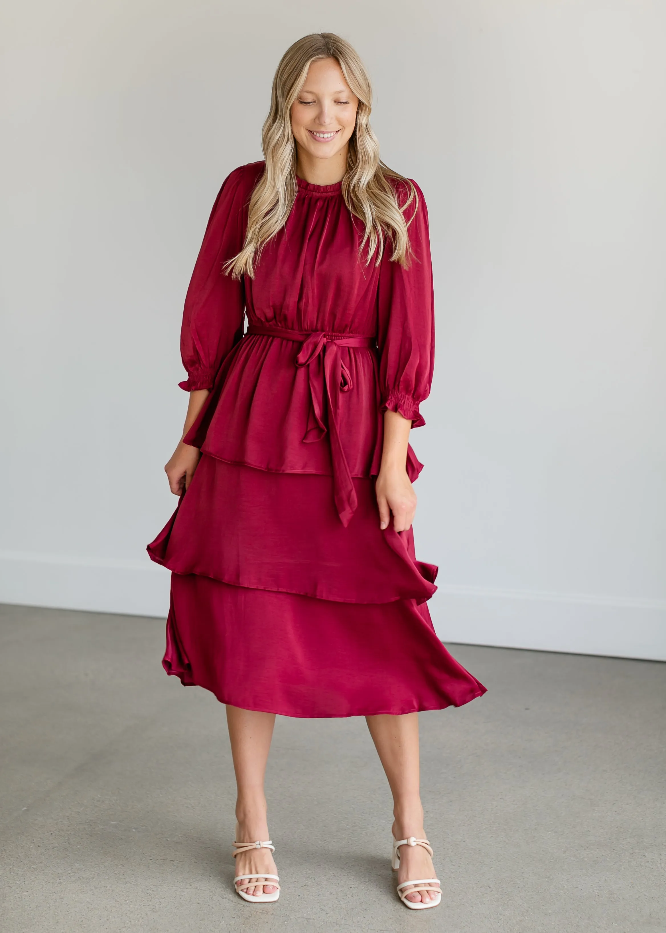 Tiered 3/4 Sleeve Satin Midi Dress - FINAL SALE