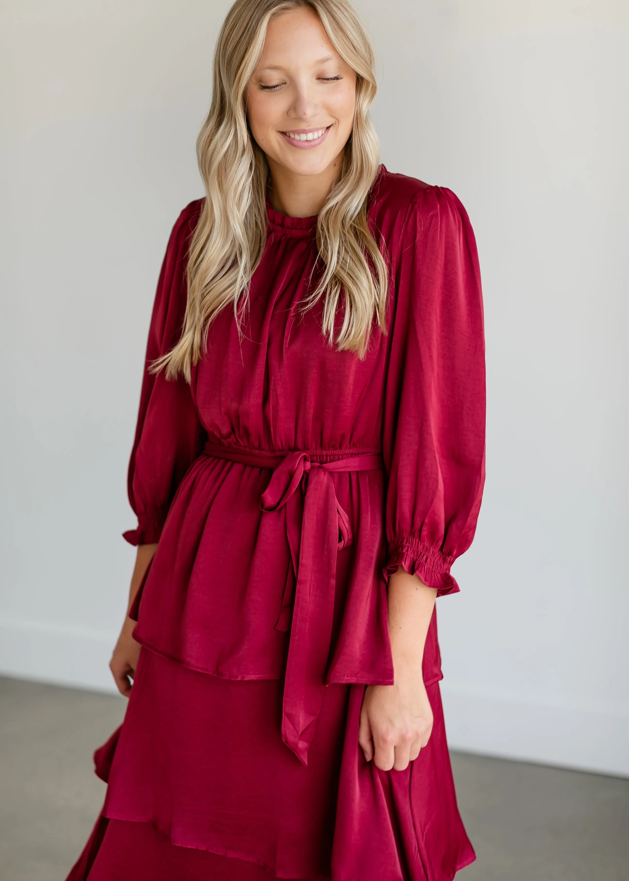 Tiered 3/4 Sleeve Satin Midi Dress - FINAL SALE
