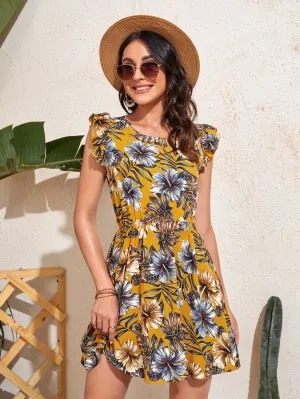 Tropical Ruffle Cap Sleeve Round Neck Flared High Waist Short Dress