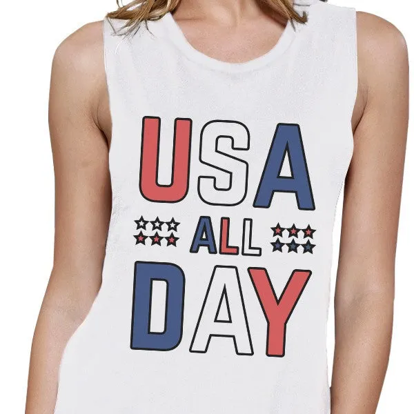 USA All Day Women White Cotton Muscle Top Cute 4th Of July Design