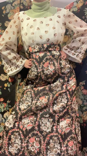 Vintage 1970s Prairie Maxi Dress by Richard Shops Cream Top Bishop Sleeves Rose Print Autumnal Fall Colors Boho Hippie UK 10