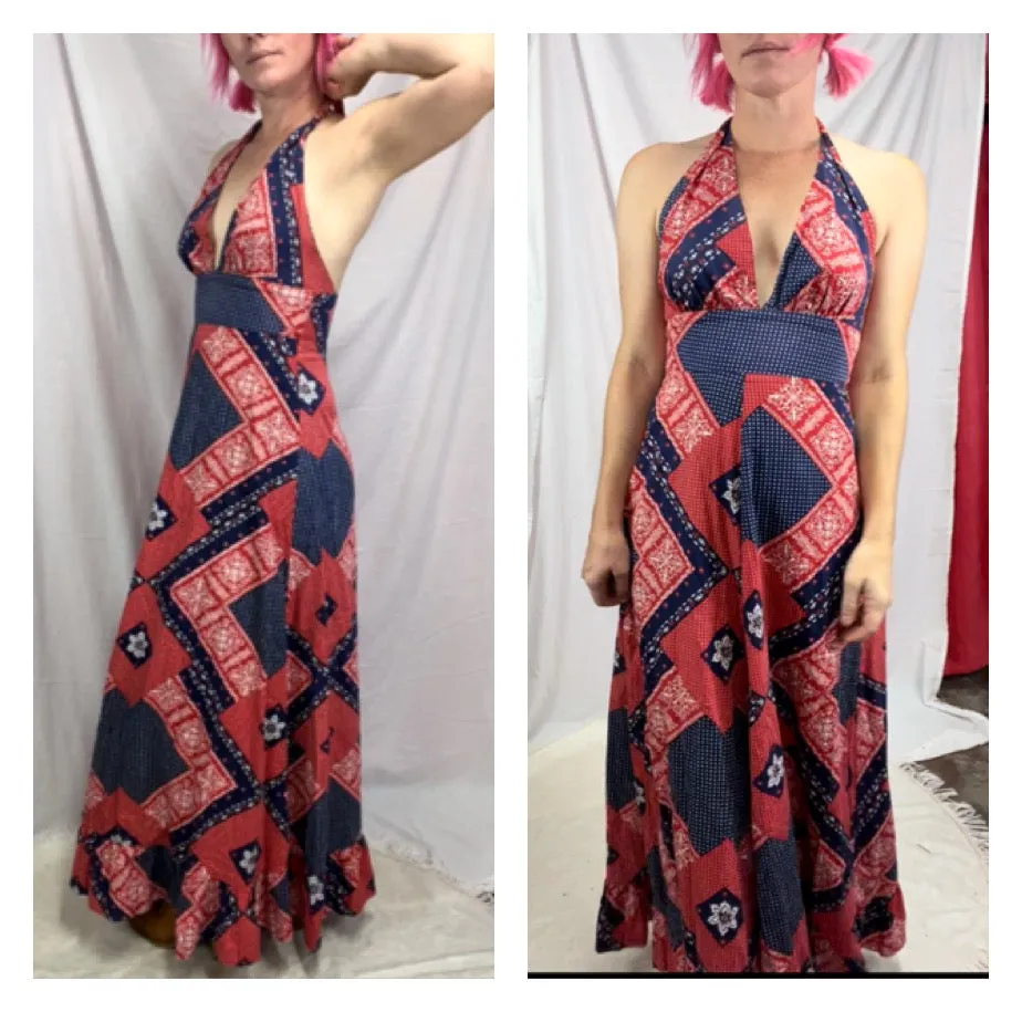 Vintage 60s 70s | Patchwork Halter Maxi Hippie Prairie Dress | XS