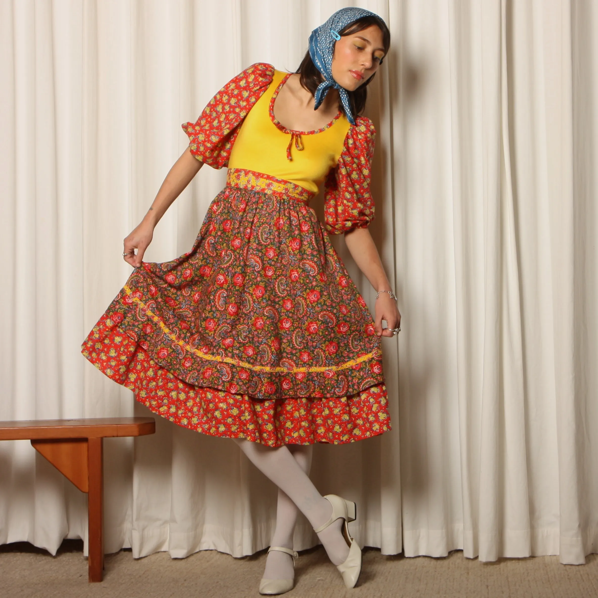 Vintage 70's Patchwork Calico Floral Cotton Prairie Dress