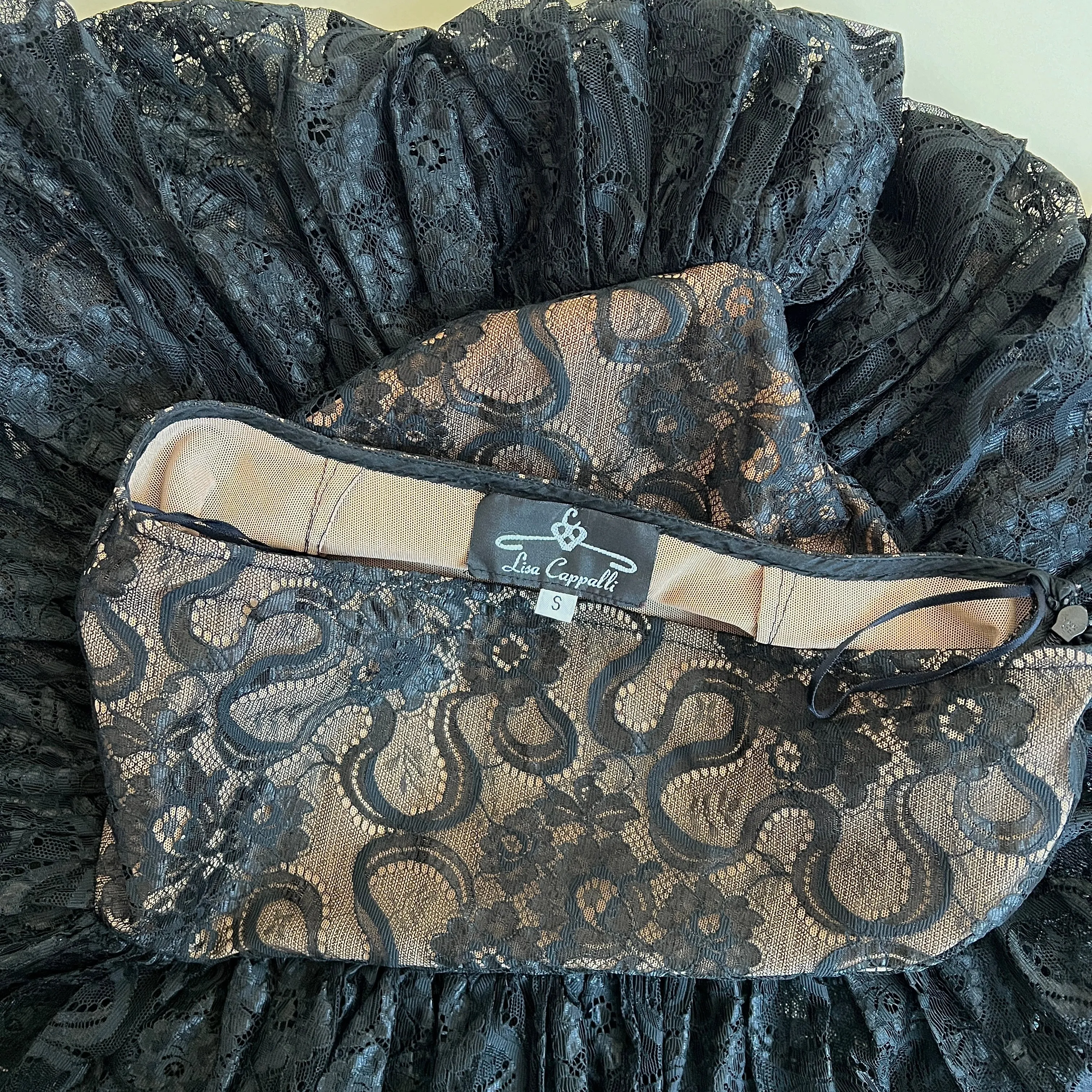 Vintage 90s black lace peplum tiered midi skirt (S)
