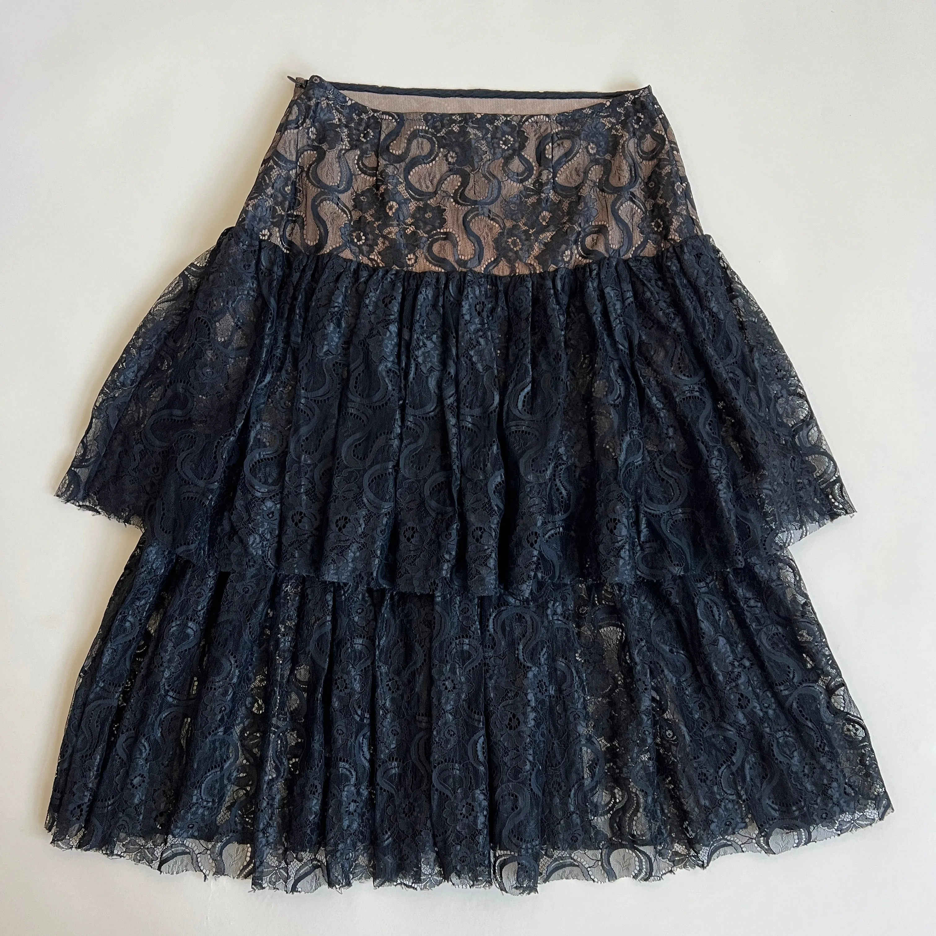 Vintage 90s black lace peplum tiered midi skirt (S)