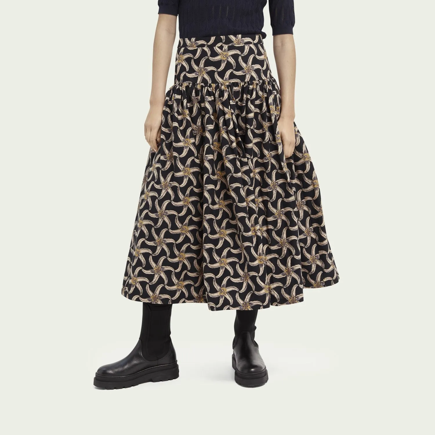 Voluminous Tiered Skirt (Black Print)