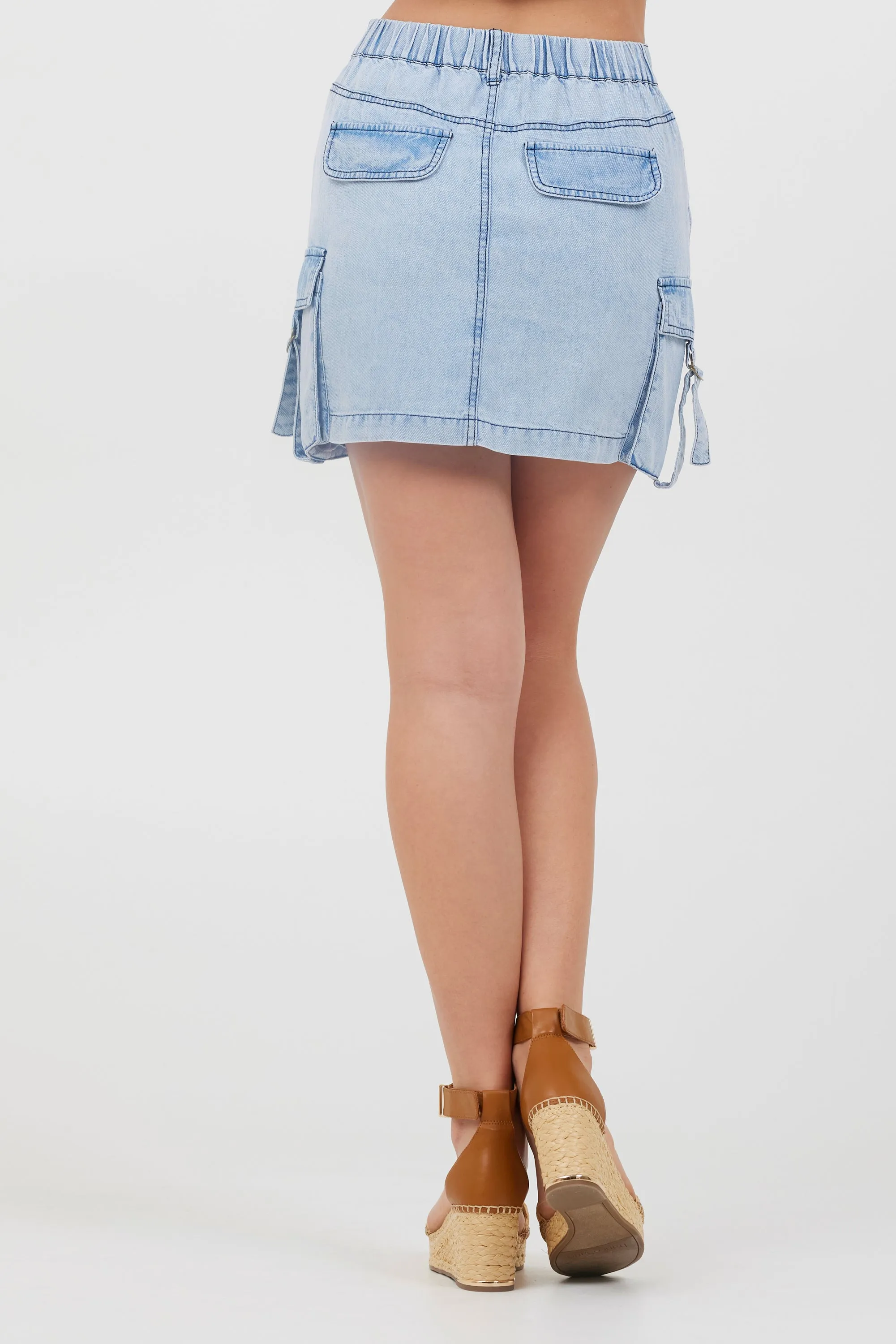 Washed Denim Tencel Cargo Pocket Skirt