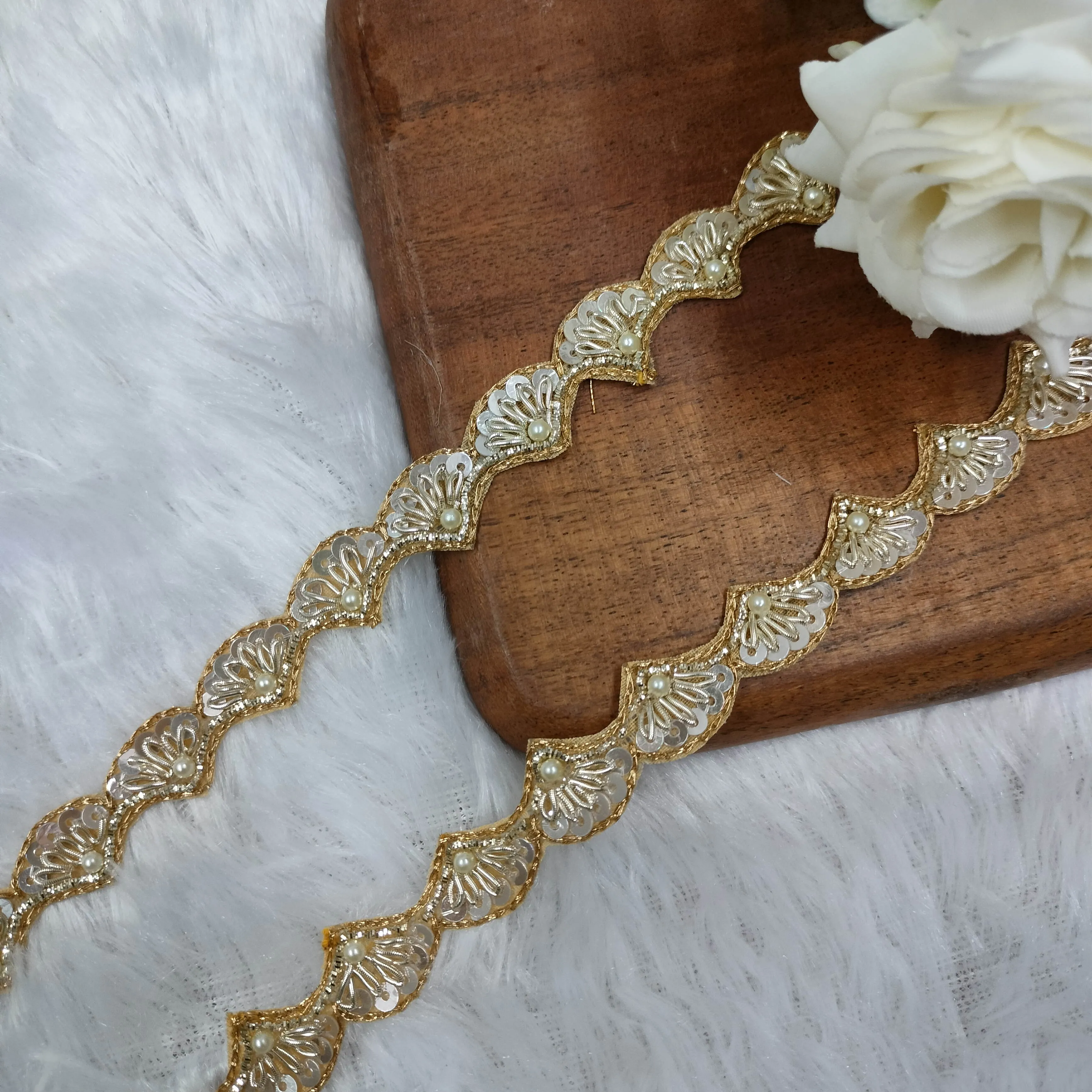 White & Golden Embellished Handwork Trim (Wholesale)