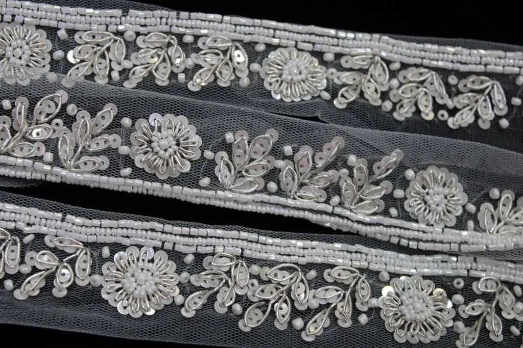 White Floral Sequins and Beads Handwork Embroidered Border