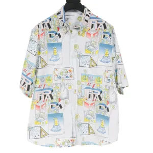 White Logo Geometric Comic Print Bowling Shirt