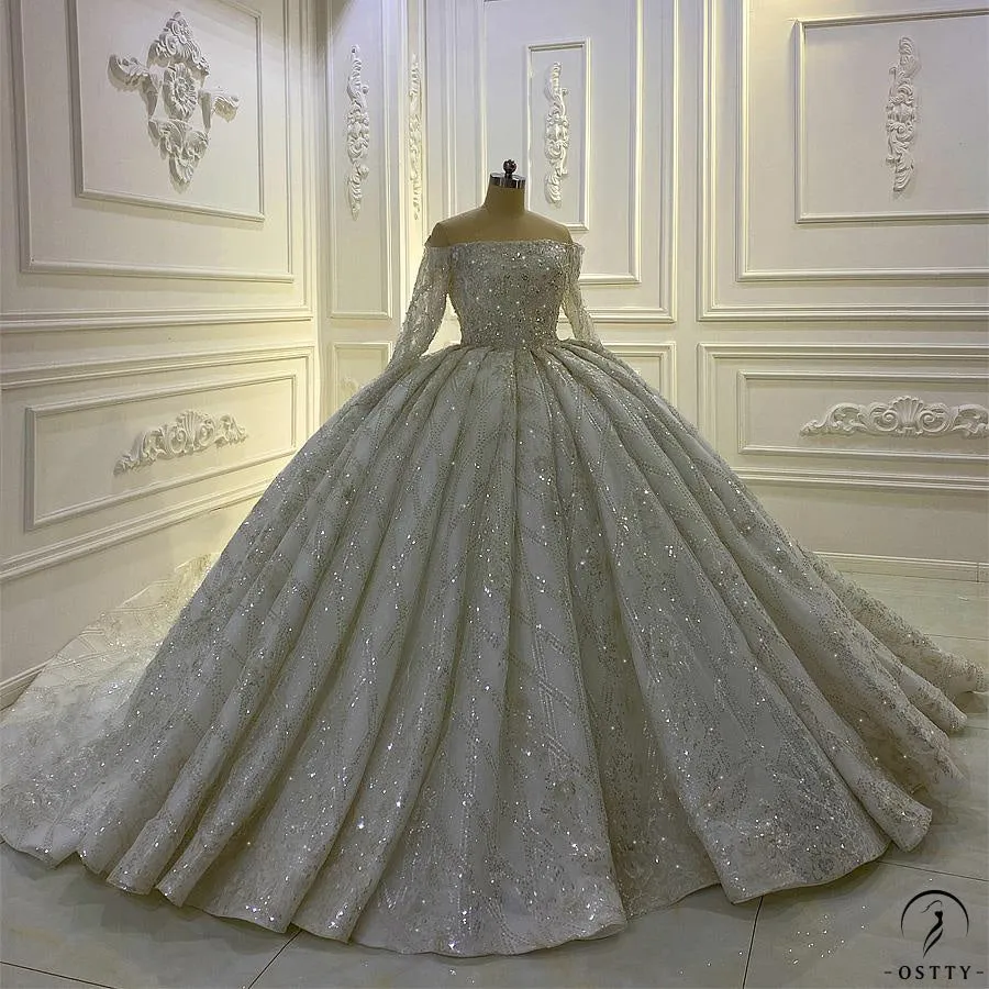 White One Shoulder Long Sleeves Wedding Dress Ball Gown OS839