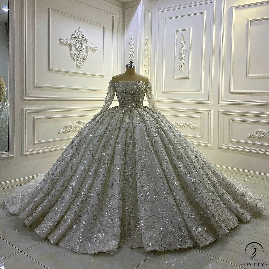 White One Shoulder Long Sleeves Wedding Dress Ball Gown OS839