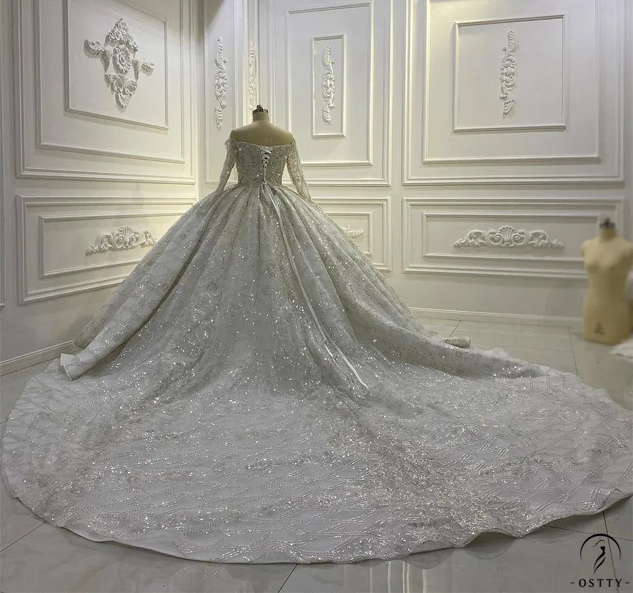 White One Shoulder Long Sleeves Wedding Dress Ball Gown OS839