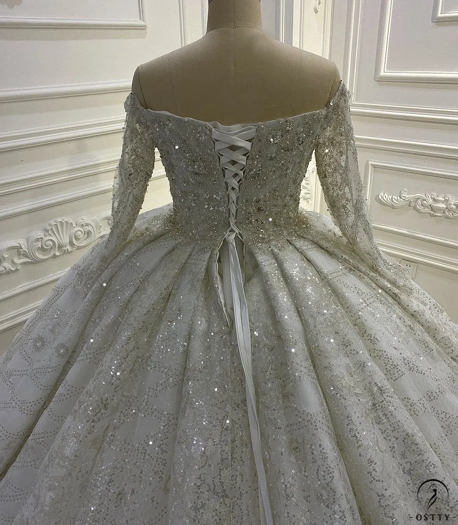 White One Shoulder Long Sleeves Wedding Dress Ball Gown OS839