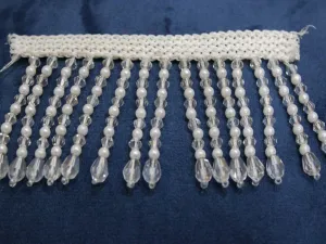 White Pearl and Transparent Crystal Beads Work Lace Trim