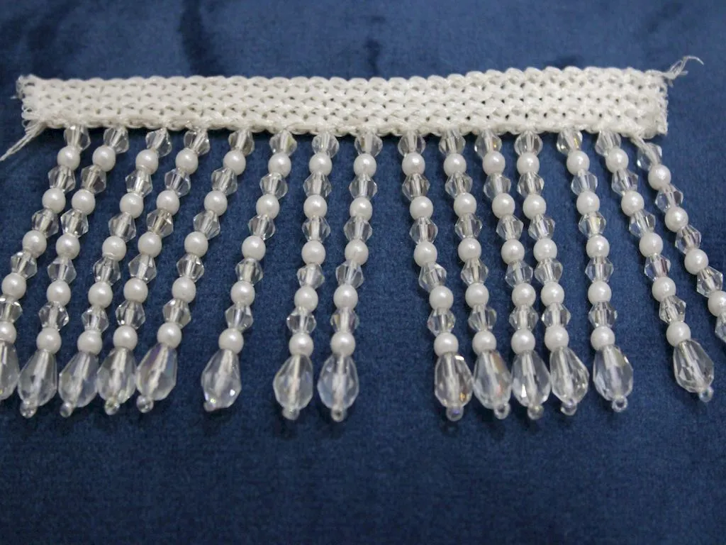 White Pearl and Transparent Crystal Beads Work Lace Trim