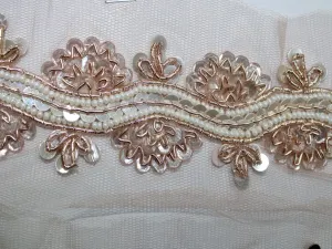White Pink Sequins and Pearl Handwork Embroidered Border