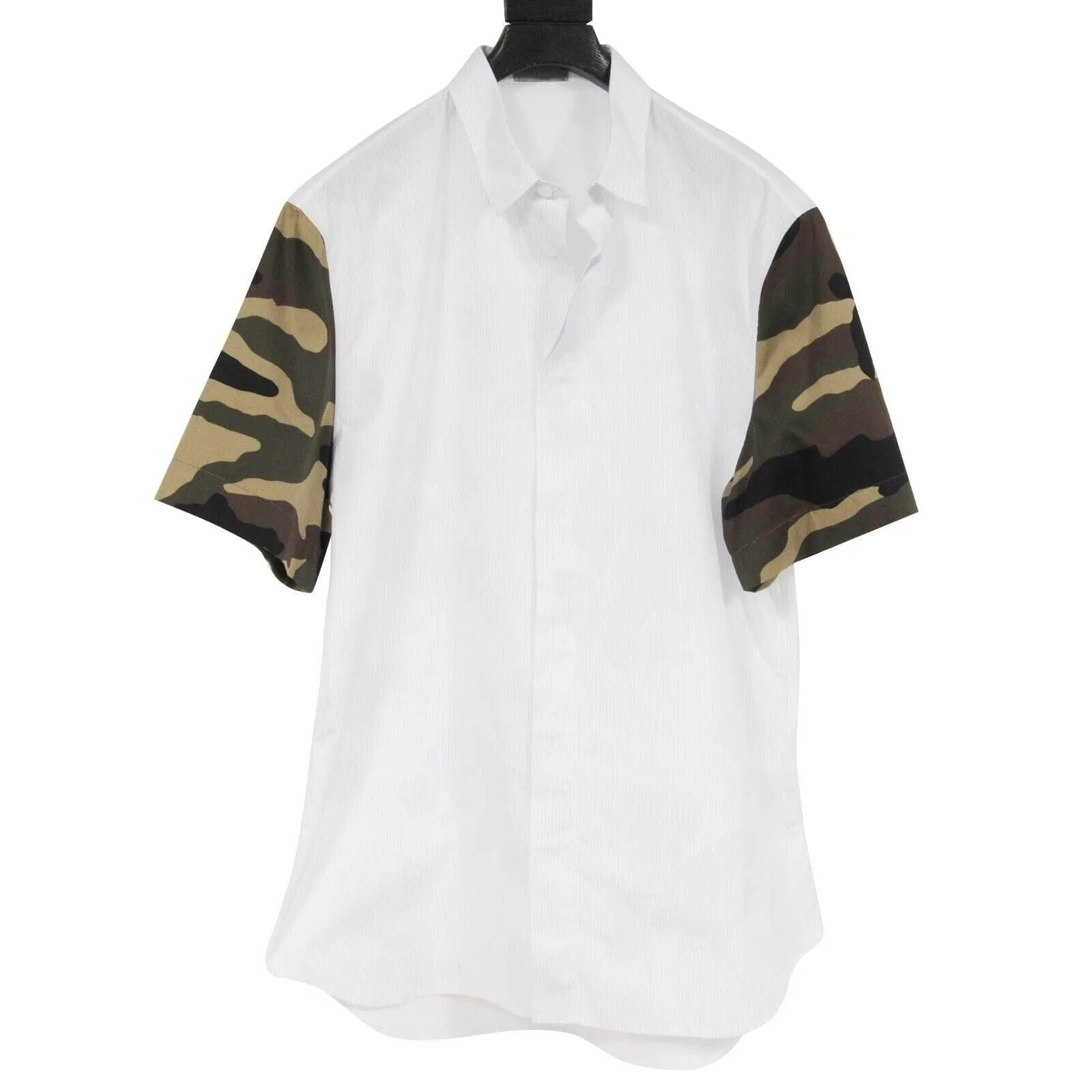 White Striped Green Camo Short Sleeves Button Down Shirt