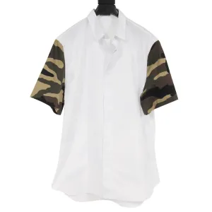 White Striped Green Camo Short Sleeves Button Down Shirt