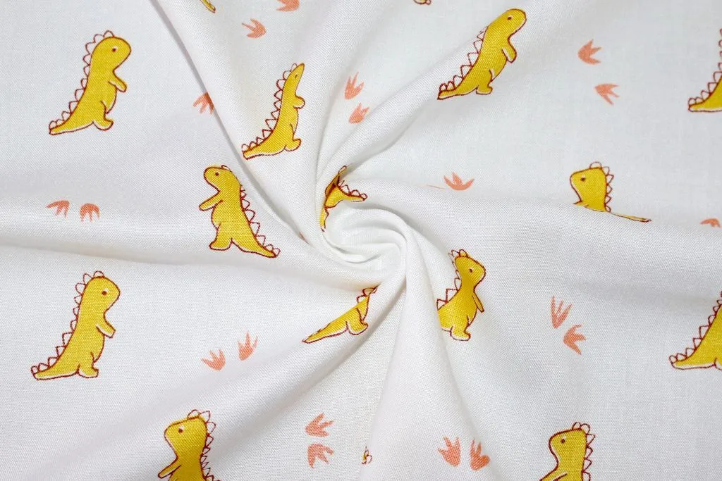 White Yellow Dinosaur Cotton Rayon Fabric