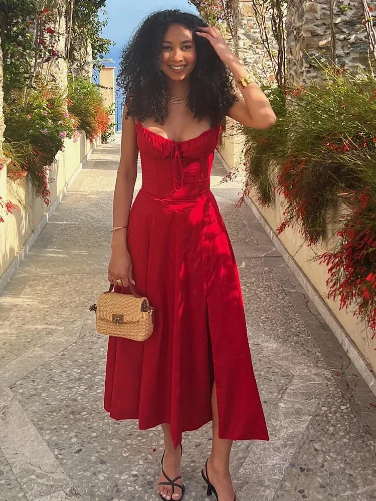 Women's Corset Tied Back Split Fashion Designer Dresses (Midi)